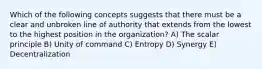 Which of the following concepts suggests that there must be a clear and unbroken line of authority that extends from the lowest to the highest position in the organization? A) The scalar principle B) Unity of command C) Entropy D) Synergy E) Decentralization