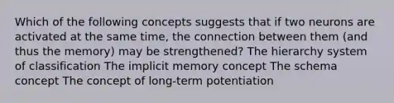 Which of the following concepts suggests that if two neurons are activated at the same time, the connection between them (and thus the memory) may be strengthened? The hierarchy system of classification The implicit memory concept The schema concept The concept of long-term potentiation