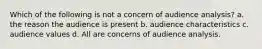 Which of the following is not a concern of audience analysis? a. the reason the audience is present b. audience characteristics c. audience values d. All are concerns of audience analysis.