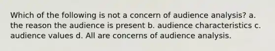 Which of the following is not a concern of audience analysis? a. the reason the audience is present b. audience characteristics c. audience values d. All are concerns of audience analysis.