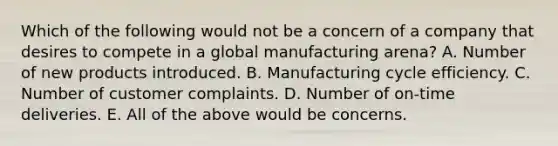 Which of the following would not be a concern of a company that desires to compete in a global manufacturing arena? A. Number of new products introduced. B. Manufacturing cycle efficiency. C. Number of customer complaints. D. Number of on-time deliveries. E. All of the above would be concerns.