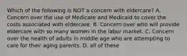 Which of the following is NOT a concern with eldercare? A. Concern over the use of Medicare and Medicaid to cover the costs associated with eldercare. B. Concern over who will provide eldercare with so many women in the labor market. C. Concern over the health of adults in middle age who are attempting to care for their aging parents. D. all of these