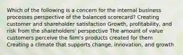 Which of the following is a concern for the internal business processes perspective of the balanced scorecard? Creating customer and shareholder satisfaction Growth, profitability, and risk from the shareholders' perspective The amount of value customers perceive the firm's products created for them Creating a climate that supports change, innovation, and growth