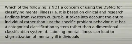 Which of the following is NOT a concern of using the DSM-5 for classifying mental illness? a. It is based on clinical and research findings from Western culture b. It takes into account the entire individual rather than just the specific problem behavior c. It has a categorical classification system rather than a dimensional classification system d. Labeling mental illness can lead to stigmatization of mentally ill individuals