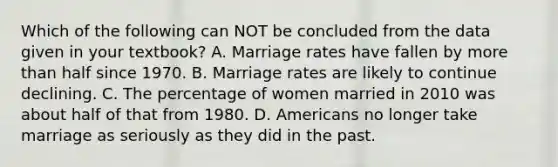 Which of the following can NOT be concluded from the data given in your textbook? A. Marriage rates have fallen by more than half since 1970. B. Marriage rates are likely to continue declining. C. The percentage of women married in 2010 was about half of that from 1980. D. Americans no longer take marriage as seriously as they did in the past.