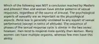 Which of the following was NOT a conclusion reached by Masters and Johnson? Men and women have similar patterns of sexual responses, regardless of the source of arousal. The psychological aspects of sexuality are as important as the physiological aspects. Penis size is generally unrelated to any aspect of sexual performance (except in terms of attitude). The sequence of phases of the sexual response cycle is similar in the two sexes; however, men tend to respond more quickly than women. Many women can have multiple orgasms, whereas few men have this ability.