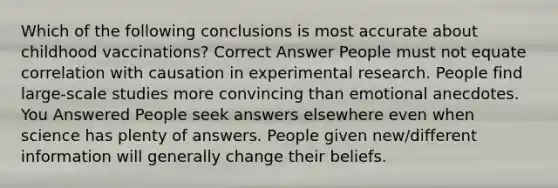 Which of the following conclusions is most accurate about childhood vaccinations? Correct Answer People must not equate correlation with causation in experimental research. People find large-scale studies more convincing than emotional anecdotes. You Answered People seek answers elsewhere even when science has plenty of answers. People given new/different information will generally change their beliefs.