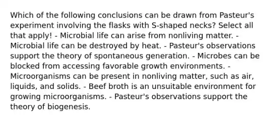 Which of the following conclusions can be drawn from Pasteur's experiment involving the flasks with S-shaped necks? Select all that apply! - Microbial life can arise from nonliving matter. - Microbial life can be destroyed by heat. - Pasteur's observations support the theory of spontaneous generation. - Microbes can be blocked from accessing favorable growth environments. - Microorganisms can be present in nonliving matter, such as air, liquids, and solids. - Beef broth is an unsuitable environment for growing microorganisms. - Pasteur's observations support the theory of biogenesis.