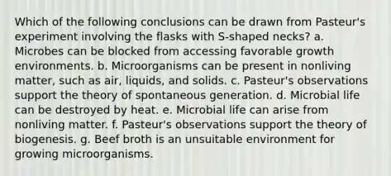 Which of the following conclusions can be drawn from Pasteur's experiment involving the flasks with S-shaped necks? a. Microbes can be blocked from accessing favorable growth environments. b. Microorganisms can be present in nonliving matter, such as air, liquids, and solids. c. Pasteur's observations support the theory of spontaneous generation. d. Microbial life can be destroyed by heat. e. Microbial life can arise from nonliving matter. f. Pasteur's observations support the theory of biogenesis. g. Beef broth is an unsuitable environment for growing microorganisms.