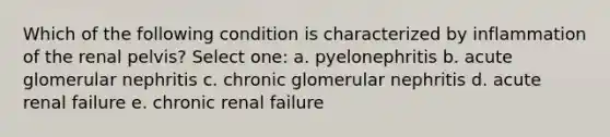 Which of the following condition is characterized by inflammation of the renal pelvis? Select one: a. pyelonephritis b. acute glomerular nephritis c. chronic glomerular nephritis d. acute renal failure e. chronic renal failure