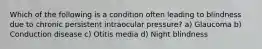 Which of the following is a condition often leading to blindness due to chronic persistent intraocular pressure? a) Glaucoma b) Conduction disease c) Otitis media d) Night blindness