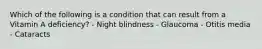 Which of the following is a condition that can result from a Vitamin A deficiency? - Night blindness - Glaucoma - Otitis media - Cataracts