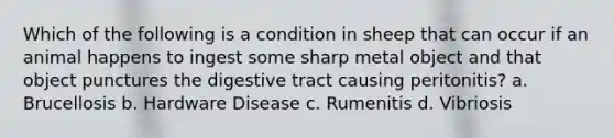 Which of the following is a condition in sheep that can occur if an animal happens to ingest some sharp metal object and that object punctures the digestive tract causing peritonitis? a. Brucellosis b. Hardware Disease c. Rumenitis d. Vibriosis