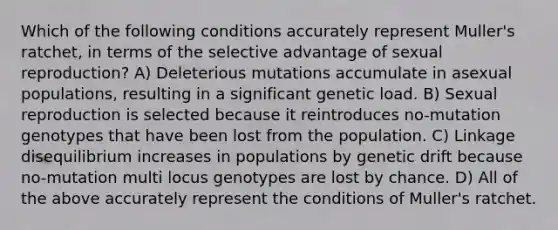 Which of the following conditions accurately represent Muller's ratchet, in terms of the selective advantage of sexual reproduction? A) Deleterious mutations accumulate in asexual populations, resulting in a significant genetic load. B) Sexual reproduction is selected because it reintroduces no-mutation genotypes that have been lost from the population. C) Linkage disequilibrium increases in populations by genetic drift because no-mutation multi locus genotypes are lost by chance. D) All of the above accurately represent the conditions of Muller's ratchet.