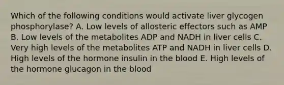 Which of the following conditions would activate liver glycogen phosphorylase? A. Low levels of allosteric effectors such as AMP B. Low levels of the metabolites ADP and NADH in liver cells C. Very high levels of the metabolites ATP and NADH in liver cells D. High levels of the hormone insulin in <a href='https://www.questionai.com/knowledge/k7oXMfj7lk-the-blood' class='anchor-knowledge'>the blood</a> E. High levels of the hormone glucagon in the blood