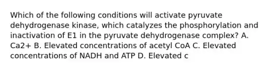 Which of the following conditions will activate pyruvate dehydrogenase kinase, which catalyzes the phosphorylation and inactivation of E1 in the pyruvate dehydrogenase complex? A. Ca2+ B. Elevated concentrations of acetyl CoA C. Elevated concentrations of NADH and ATP D. Elevated c