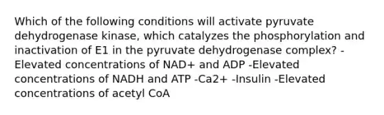 Which of the following conditions will activate pyruvate dehydrogenase kinase, which catalyzes the phosphorylation and inactivation of E1 in the pyruvate dehydrogenase complex? -Elevated concentrations of NAD+ and ADP -Elevated concentrations of NADH and ATP -Ca2+ -Insulin -Elevated concentrations of acetyl CoA