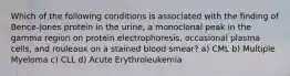 Which of the following conditions is associated with the finding of Bence-Jones protein in the urine, a monoclonal peak in the gamma region on protein electrophoresis, occasional plasma cells, and rouleaux on a stained blood smear? a) CML b) Multiple Myeloma c) CLL d) Acute Erythroleukemia