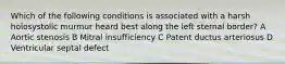Which of the following conditions is associated with a harsh holosystolic murmur heard best along the left sternal border? A Aortic stenosis B Mitral insufficiency C Patent ductus arteriosus D Ventricular septal defect