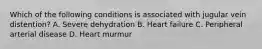 Which of the following conditions is associated with jugular vein distention? A. Severe dehydration B. Heart failure C. Peripheral arterial disease D. Heart murmur