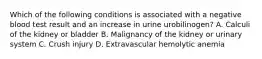 Which of the following conditions is associated with a negative blood test result and an increase in urine urobilinogen? A. Calculi of the kidney or bladder B. Malignancy of the kidney or urinary system C. Crush injury D. Extravascular hemolytic anemia