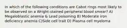 In which of the following conditions are Cabot rings most likely to be observed on a Wright-stained peripheral blood smear? A) Megaloblastic anemia & Lead poisoning B) Moderate iron deficiency anemia C)Side cell trait D) Plasma cell myeloma