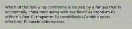 Which of the following conditions is caused by a fungus that is accidentally consumed along with rye flour? A) ergotism B) athleteʹs foot C) ringworm D) candidiasis (Candida yeast infection) E) coccidioidomycosis