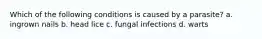 Which of the following conditions is caused by a parasite? a. ingrown nails b. head lice c. fungal infections d. warts