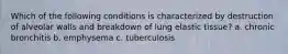 Which of the following conditions is characterized by destruction of alveolar walls and breakdown of lung elastic tissue? a. chronic bronchitis b. emphysema c. tuberculosis