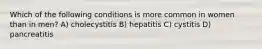 Which of the following conditions is more common in women than in men? A) cholecystitis B) hepatitis C) cystitis D) pancreatitis