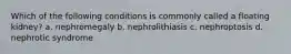 Which of the following conditions is commonly called a floating kidney? a. nephromegaly b. nephrolithiasis c. nephroptosis d. nephrotic syndrome