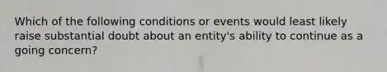 Which of the following conditions or events would least likely raise substantial doubt about an entity's ability to continue as a going concern?