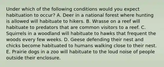 Under which of the following conditions would you expect habituation to occur? A. Deer in a national forest where hunting is allowed will habituate to hikers. B. Wrasse on a reef will habituate to predators that are common visitors to a reef. C. Squirrels in a woodland will habituate to hawks that frequent the woods every few weeks. D. Geese defending their nest and chicks become habituated to humans walking close to their nest. E. Prairie dogs in a zoo will habituate to the loud noise of people outside their enclosure.