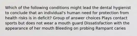 Which of the following conditions might lead the dental hygienist to conclude that an individual's human need for protection from health risks is in deficit? Group of answer choices Plays contact sports but does not wear a mouth guard Dissatisfaction with the appearance of her mouth Bleeding on probing Rampant caries