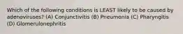 Which of the following conditions is LEAST likely to be caused by adenoviruses? (A) Conjunctivitis (B) Pneumonia (C) Pharyngitis (D) Glomerulonephritis