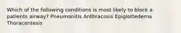 Which of the following conditions is most likely to block a patients airway? Pneumonitis Anthracosis Epiglottedema Thoracentesis