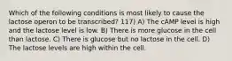 Which of the following conditions is most likely to cause the lactose operon to be transcribed? 117) A) The cAMP level is high and the lactose level is low. B) There is more glucose in the cell than lactose. C) There is glucose but no lactose in the cell. D) The lactose levels are high within the cell.