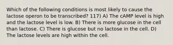 Which of the following conditions is most likely to cause the lactose operon to be transcribed? 117) A) The cAMP level is high and the lactose level is low. B) There is more glucose in the cell than lactose. C) There is glucose but no lactose in the cell. D) The lactose levels are high within the cell.