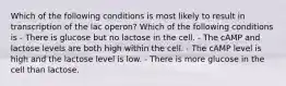 Which of the following conditions is most likely to result in transcription of the lac operon? Which of the following conditions is - There is glucose but no lactose in the cell. - The cAMP and lactose levels are both high within the cell. - The cAMP level is high and the lactose level is low. - There is more glucose in the cell than lactose.