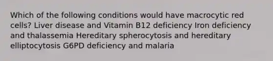 Which of the following conditions would have macrocytic red cells? Liver disease and Vitamin B12 deficiency Iron deficiency and thalassemia Hereditary spherocytosis and hereditary elliptocytosis G6PD deficiency and malaria