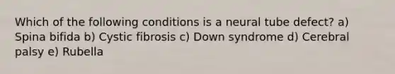 Which of the following conditions is a neural tube defect? a) Spina bifida b) Cystic fibrosis c) Down syndrome d) Cerebral palsy e) Rubella