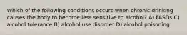 Which of the following conditions occurs when chronic drinking causes the body to become less sensitive to alcohol? A) FASDs C) alcohol tolerance B) alcohol use disorder D) alcohol poisoning