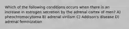 Which of the following conditions occurs when there is an increase in estrogen secretion by the adrenal cortex of men? A) pheochromocytoma B) adrenal virilism C) Addison's disease D) adrenal feminization