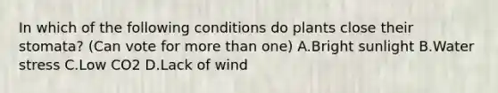 In which of the following conditions do plants close their stomata? (Can vote for more than one) A.Bright sunlight B.Water stress C.Low CO2 D.Lack of wind