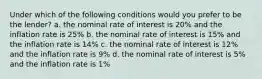 Under which of the following conditions would you prefer to be the lender? a. the nominal rate of interest is 20% and the inflation rate is 25% b. the nominal rate of interest is 15% and the inflation rate is 14% c. the nominal rate of interest is 12% and the inflation rate is 9% d. the nominal rate of interest is 5% and the inflation rate is 1%