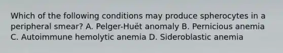 Which of the following conditions may produce spherocytes in a peripheral smear? A. Pelger-Huët anomaly B. Pernicious anemia C. Autoimmune hemolytic anemia D. Sideroblastic anemia