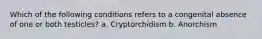 Which of the following conditions refers to a congenital absence of one or both testicles? a. Cryptorchidism b. Anorchism