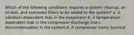 Which of the following conditions requires a system cleanup, an oil test, and oversized filters to be added to the system? a. A vibration-dependent leak in the evaporator b. A temperature-dependent leak in the compressor discharge line c. Noncondensables in the system d. A compressor motor burnout