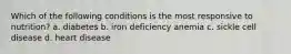 Which of the following conditions is the most responsive to nutrition? a. diabetes b. iron deficiency anemia c. sickle cell disease d. heart disease