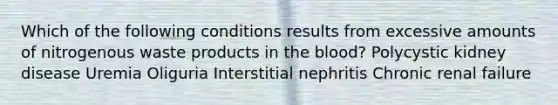 Which of the following conditions results from excessive amounts of nitrogenous waste products in the blood? Polycystic kidney disease Uremia Oliguria Interstitial nephritis Chronic renal failure